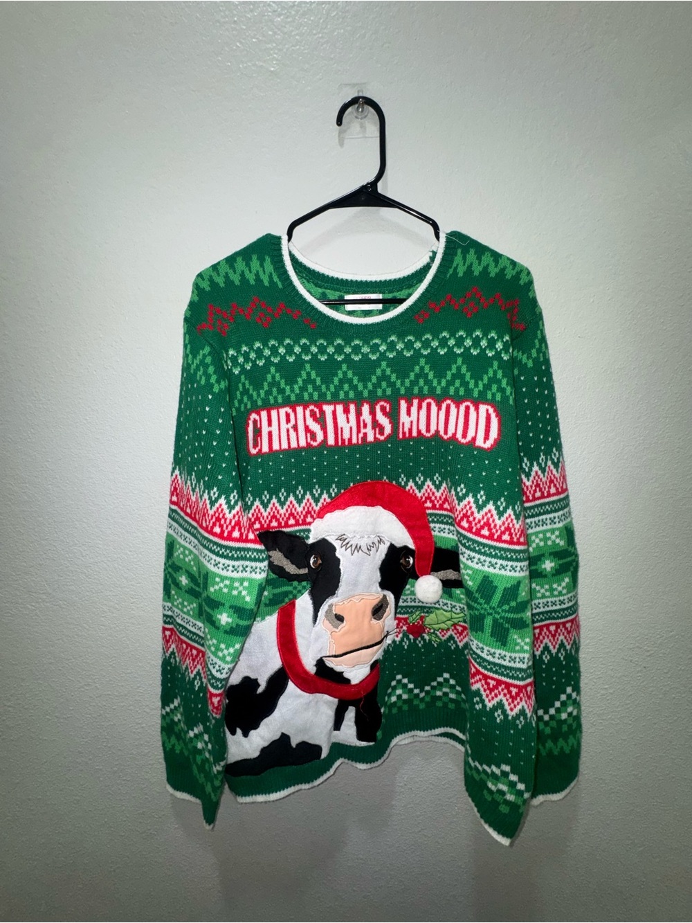 Holiday Time Green Christmas Mood Cow Sweater with Red & White Accents